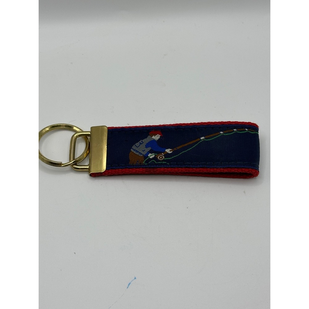 Vintage Fly Fishing Needlepoint Key Fob Navy Red Canvas Brass Ring Keychain